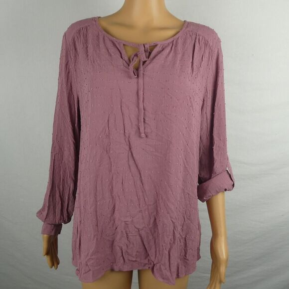 DR2 Daniel Rainn Raisin Swiss Dot Tab Long Sleeve Tie Split Neck Blouse Mauve M - Picture 1 of 10